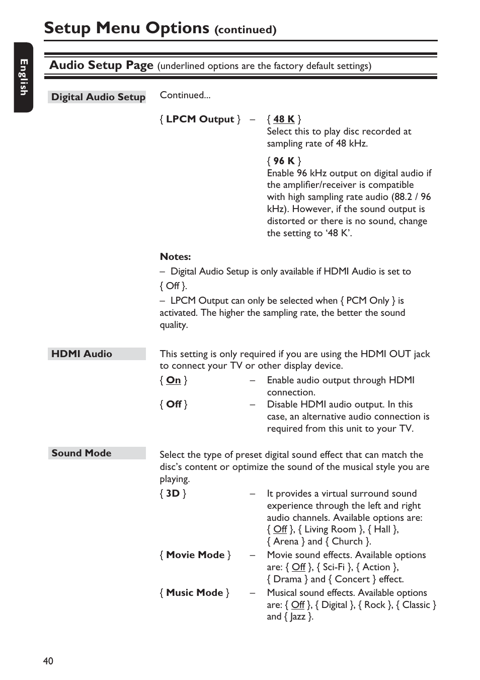 Setup menu options, Audio setup page | Philips DVP5990-F7 User Manual | Page 40 / 58