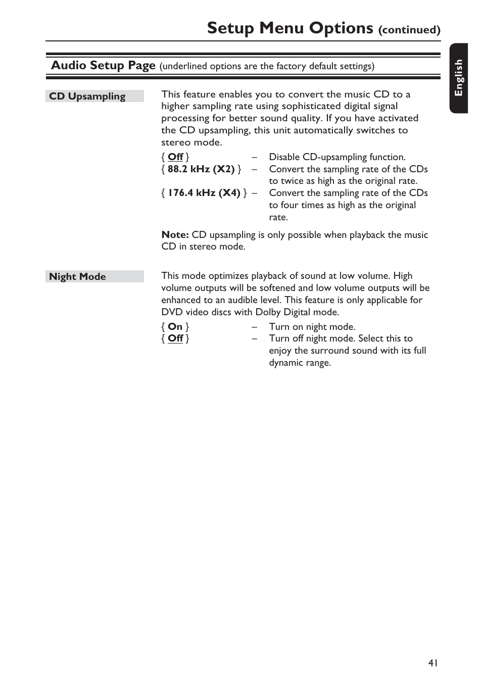 Setup menu options | Philips DVP5990-F7 User Manual | Page 41 / 58