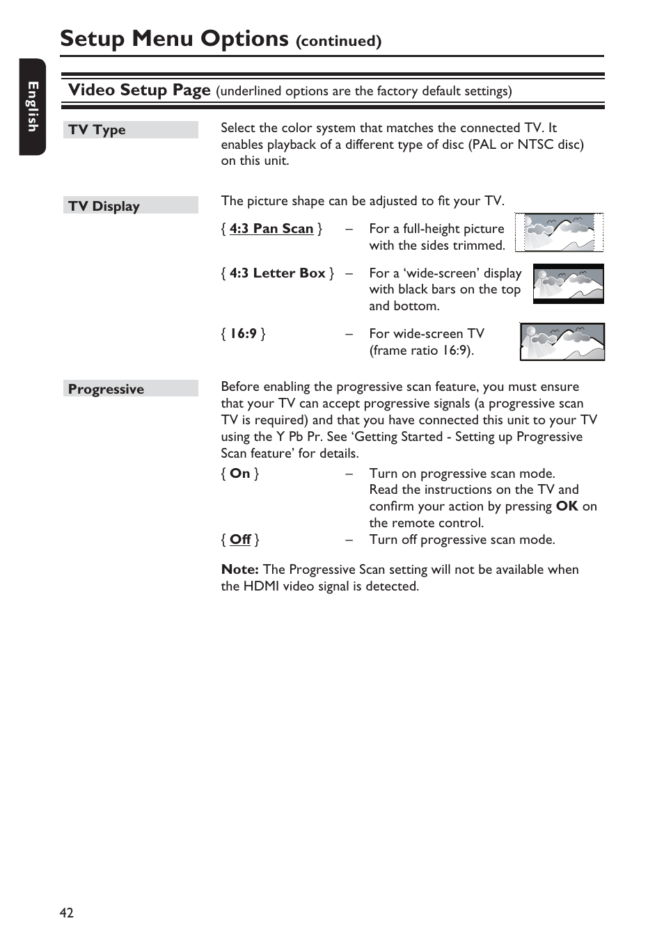 Setup menu options | Philips DVP5990-F7 User Manual | Page 42 / 58