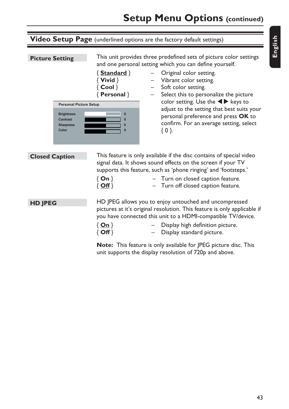 Setup menu options, Video setup page | Philips DVP5990-F7 User Manual | Page 43 / 58