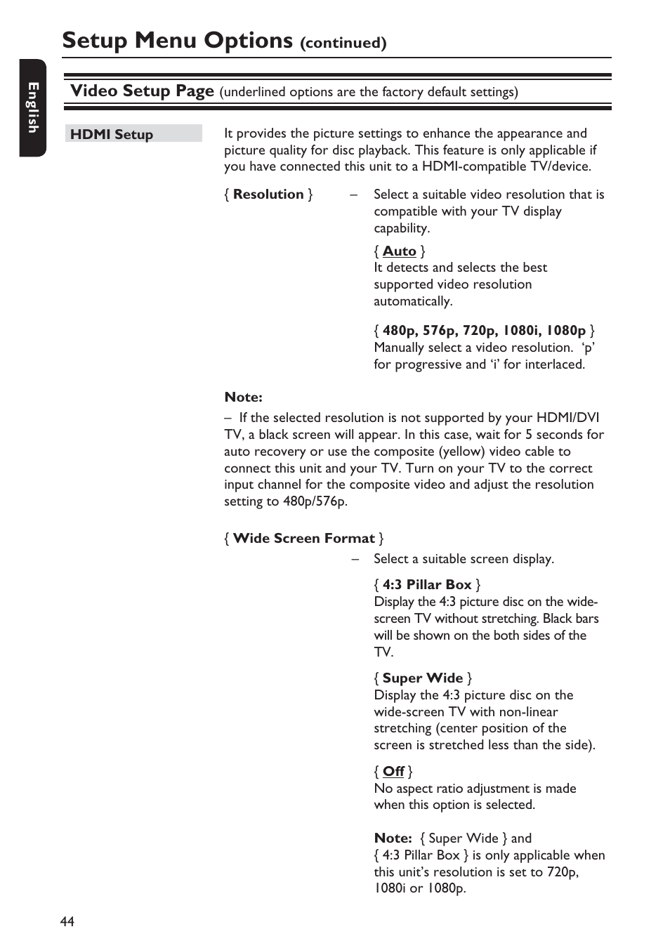 Setup menu options, Video setup page | Philips DVP5990-F7 User Manual | Page 44 / 58