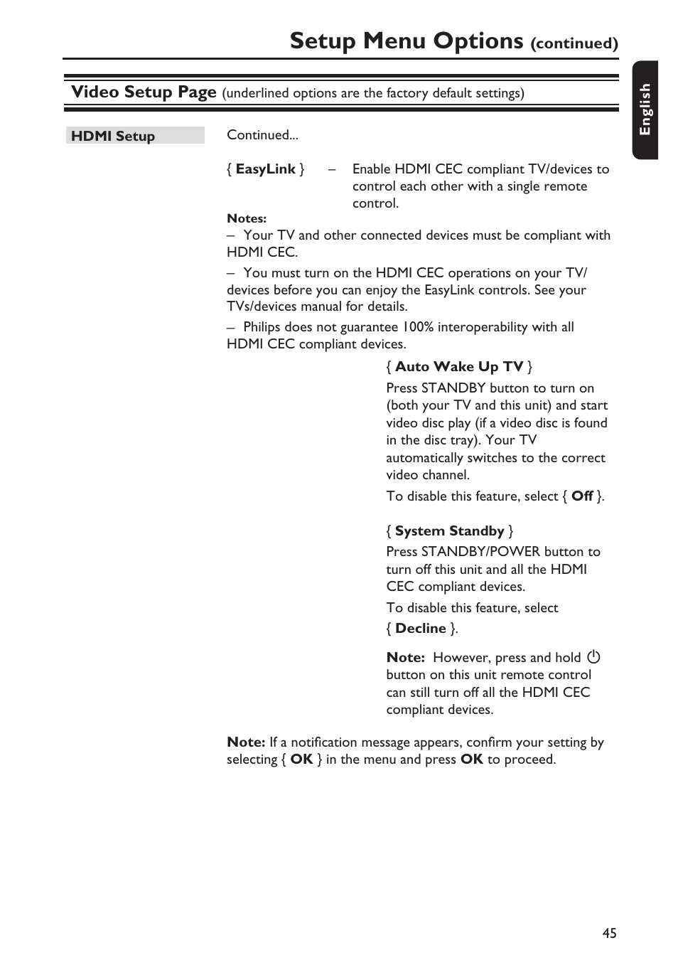 Setup menu options, Video setup page | Philips DVP5990-F7 User Manual | Page 45 / 58