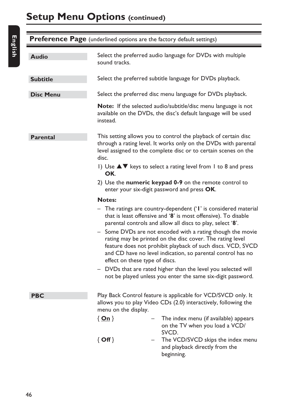 Setup menu options, Preference page | Philips DVP5990-F7 User Manual | Page 46 / 58