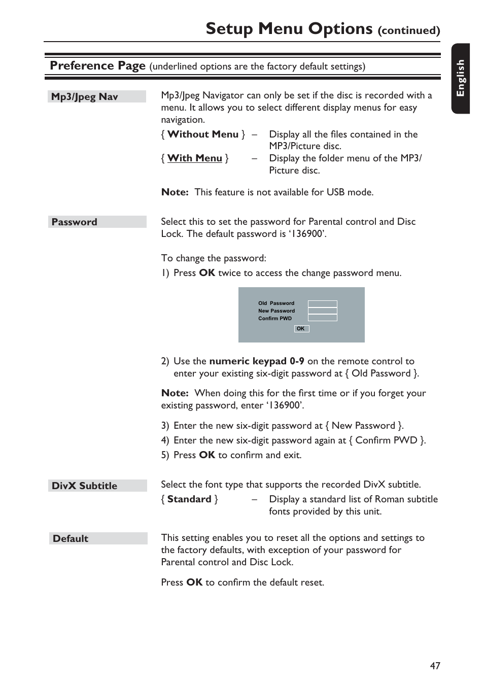 Setup menu options, Preference page | Philips DVP5990-F7 User Manual | Page 47 / 58