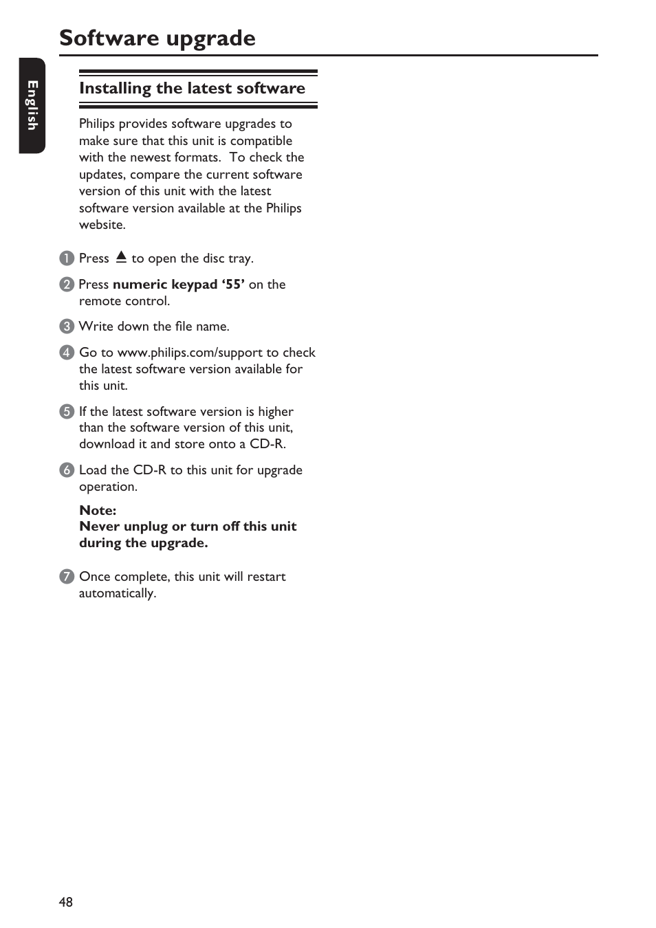 Software upgrade | Philips DVP5990-F7 User Manual | Page 48 / 58