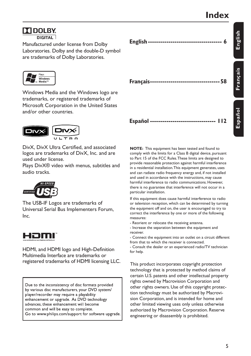 Index | Philips DVP5990-F7 User Manual | Page 5 / 58