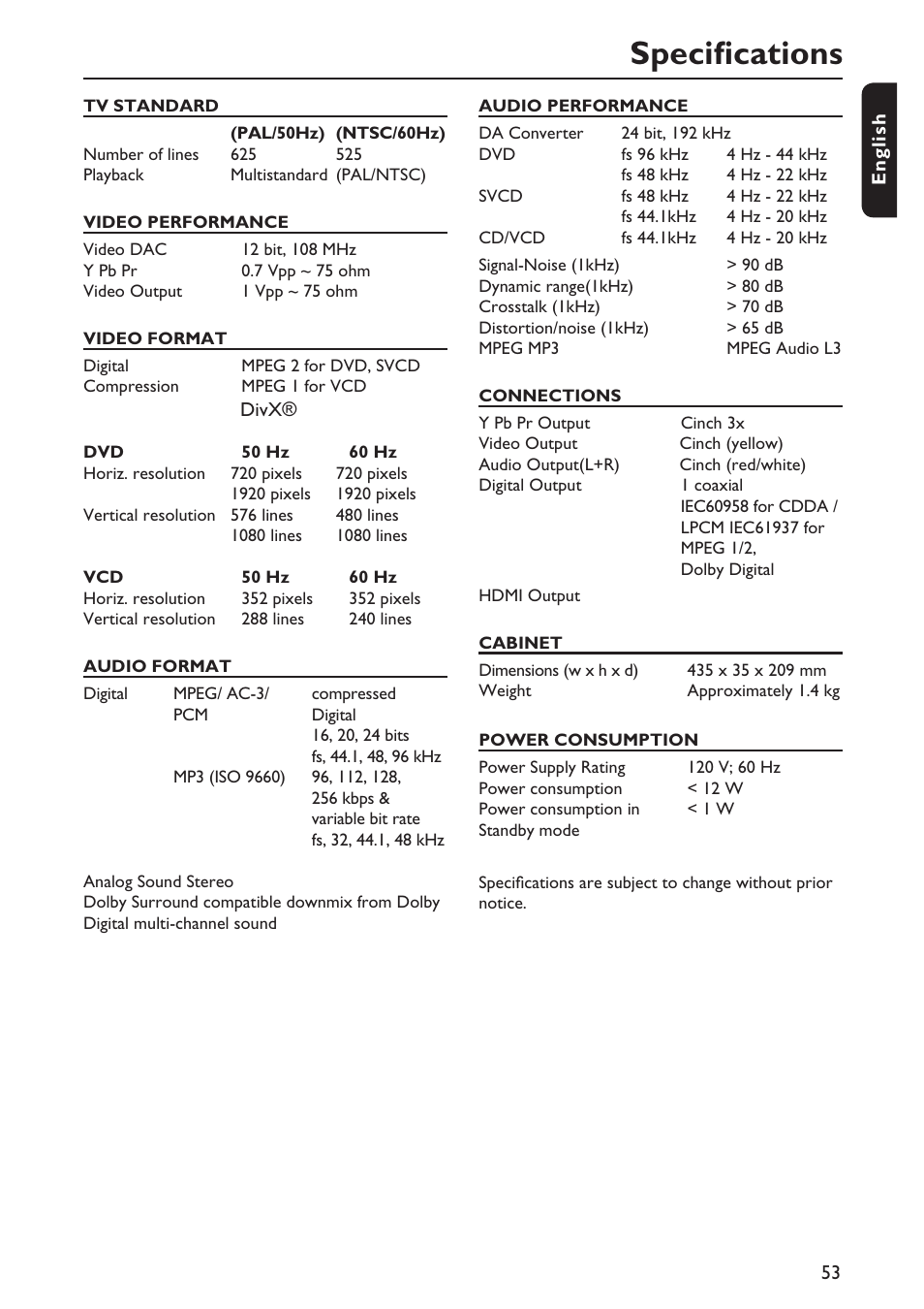 Specifications | Philips DVP5990-F7 User Manual | Page 53 / 58