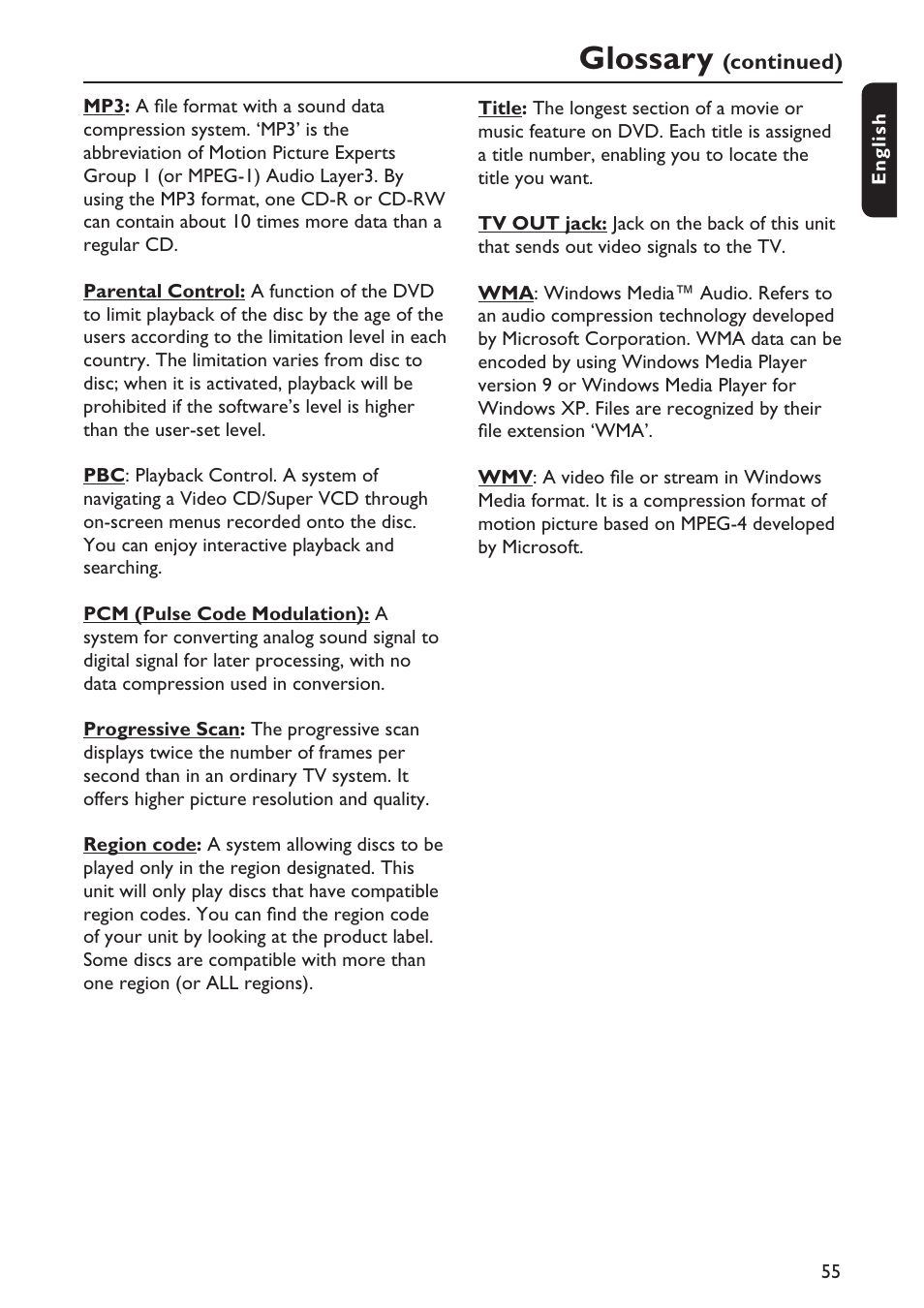 Glossary | Philips DVP5990-F7 User Manual | Page 55 / 58