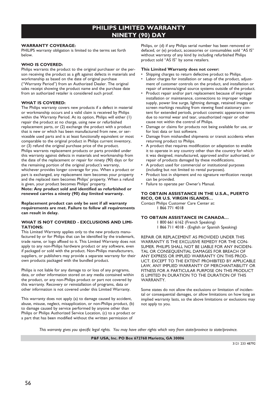 Philips limited warranty ninety (90) day | Philips DVP5990-F7 User Manual | Page 56 / 58