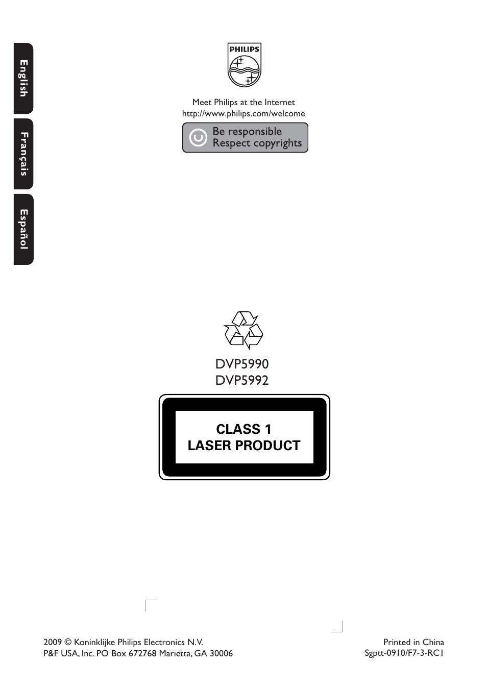 Class 1 laser product | Philips DVP5990-F7 User Manual | Page 58 / 58