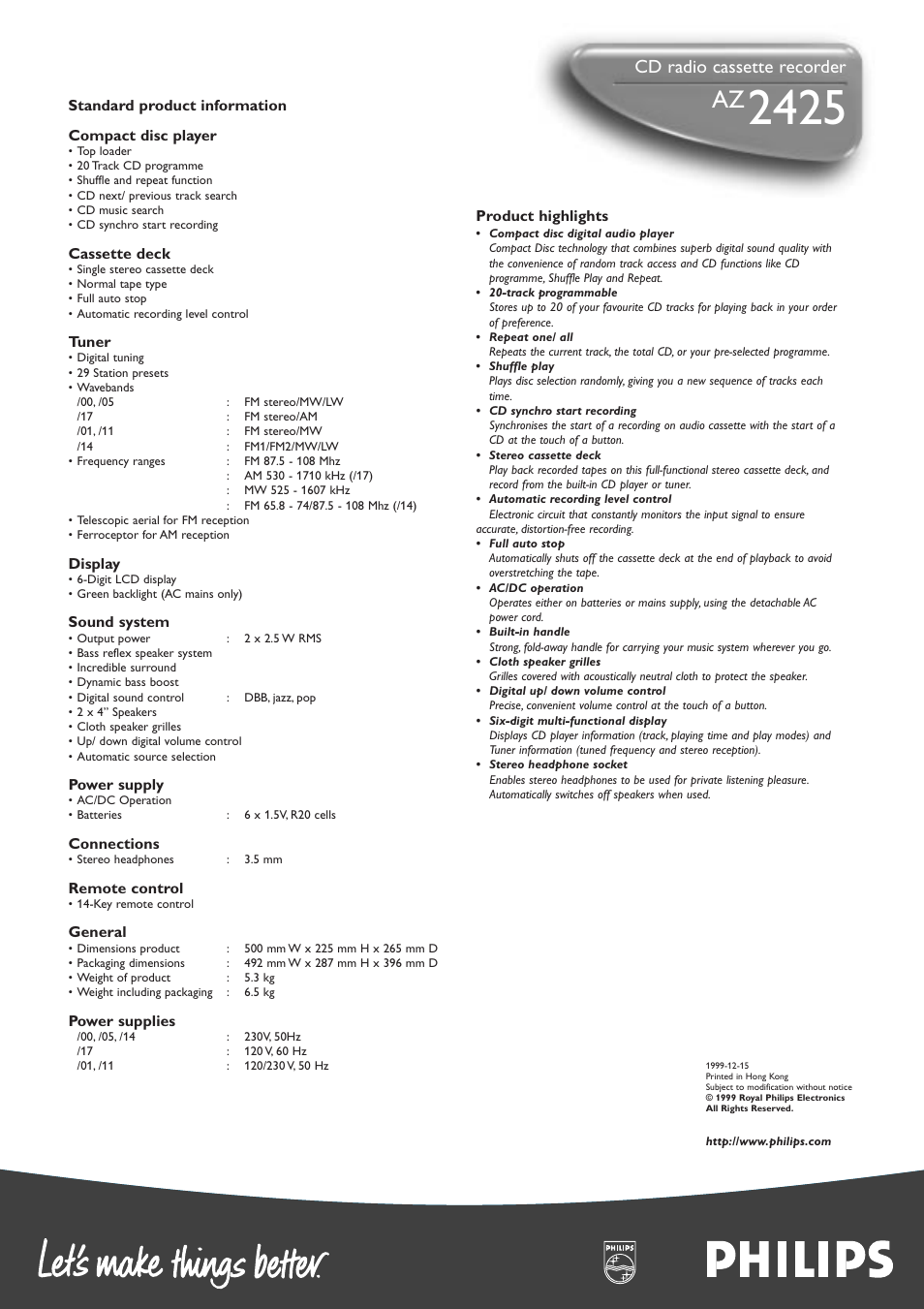 Cd radio cassette recorder | Philips AZ2425-17 User Manual | Page 2 / 2