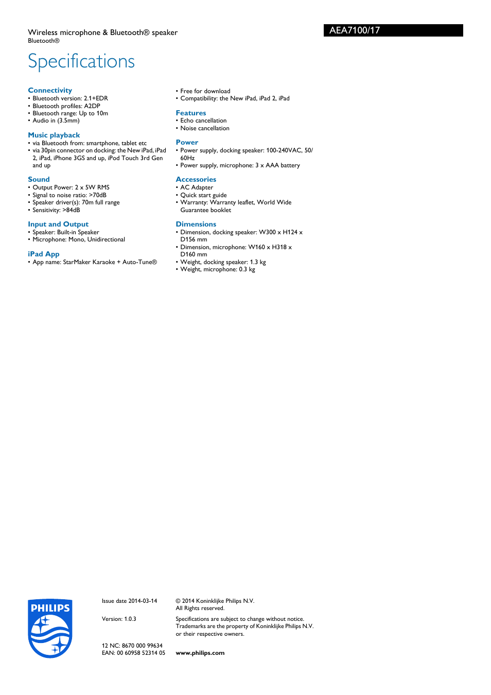 Specifications | Philips AEA7100-17 User Manual | Page 3 / 3