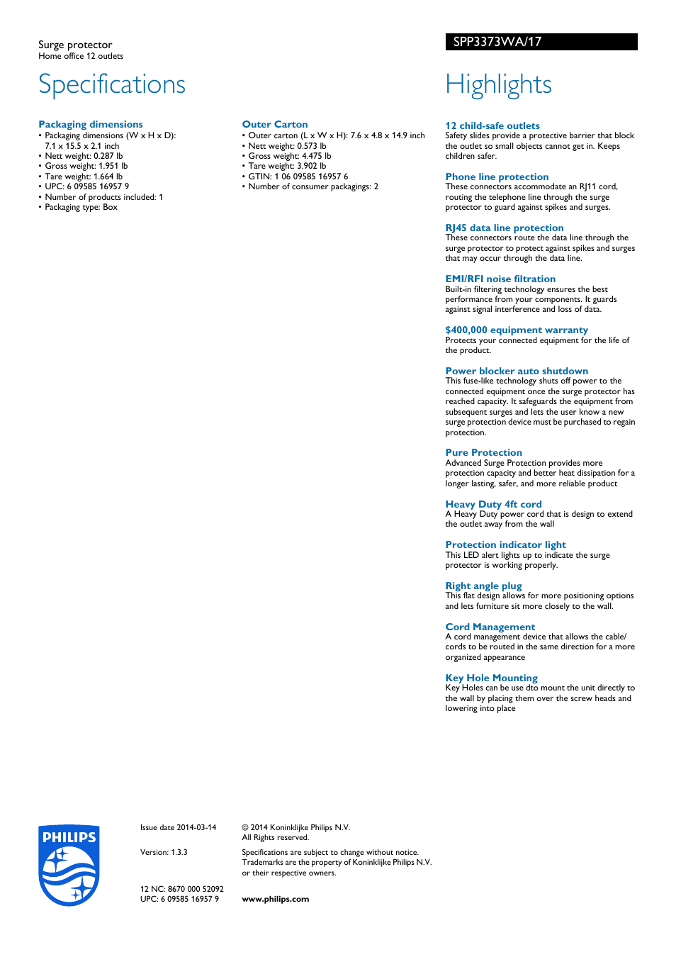 Specifications, Highlights | Philips SPP3373WA-17 User Manual | Page 2 / 2