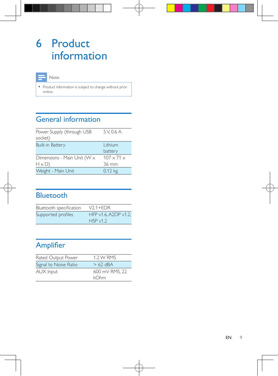 6 product information, General information, Bluetooth | Amplifier | Philips SBT10BLK-37 User Manual | Page 11 / 16