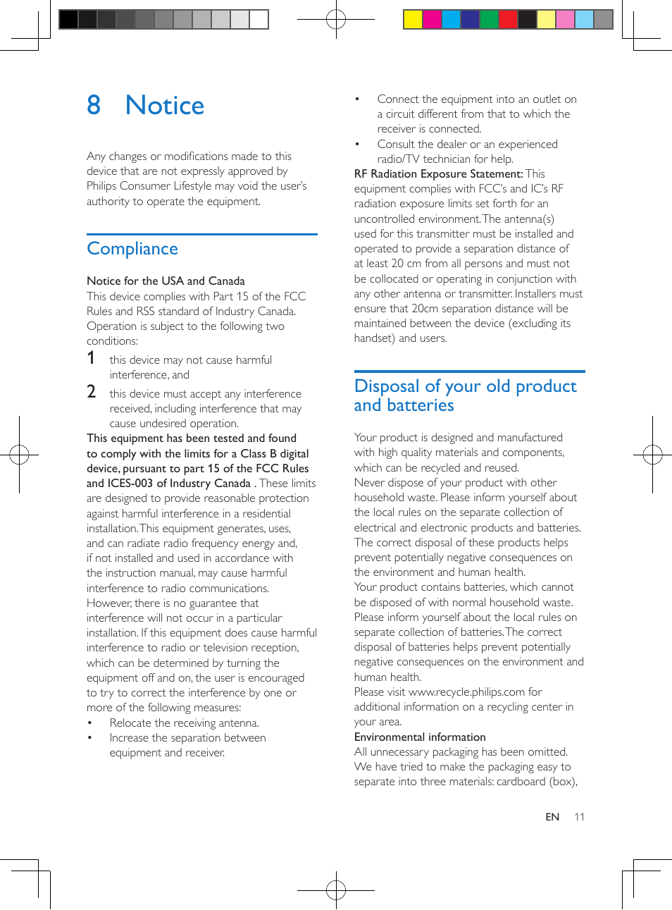 8 notice, Compliance, Disposal of your old product and batteries | Philips SBT10BLK-37 User Manual | Page 13 / 16