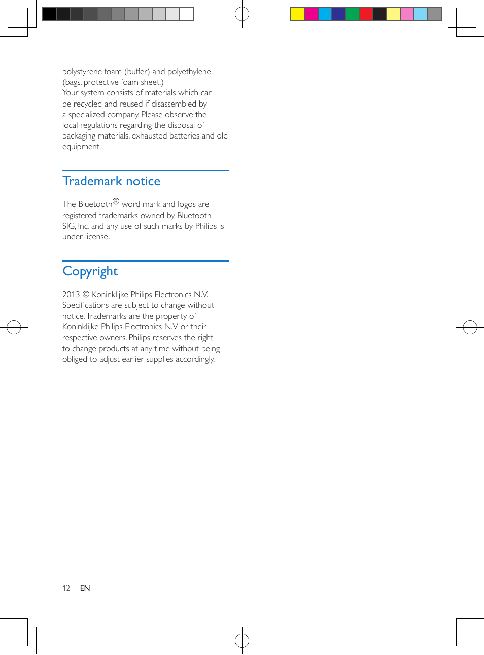 Trademark notice, Copyright | Philips SBT10BLK-37 User Manual | Page 14 / 16