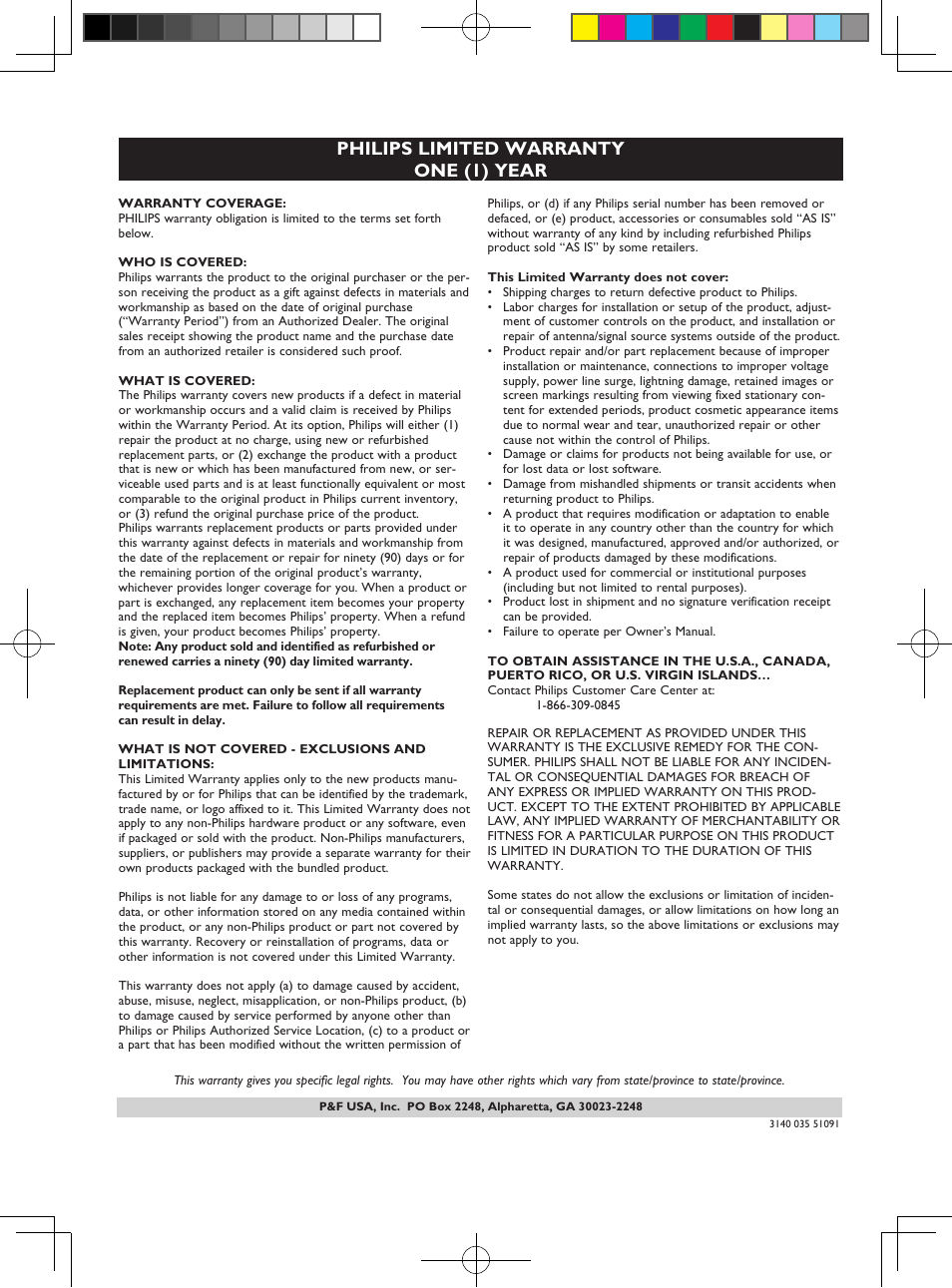 Philips limited warranty one (1) year | Philips SBT10BLK-37 User Manual | Page 15 / 16