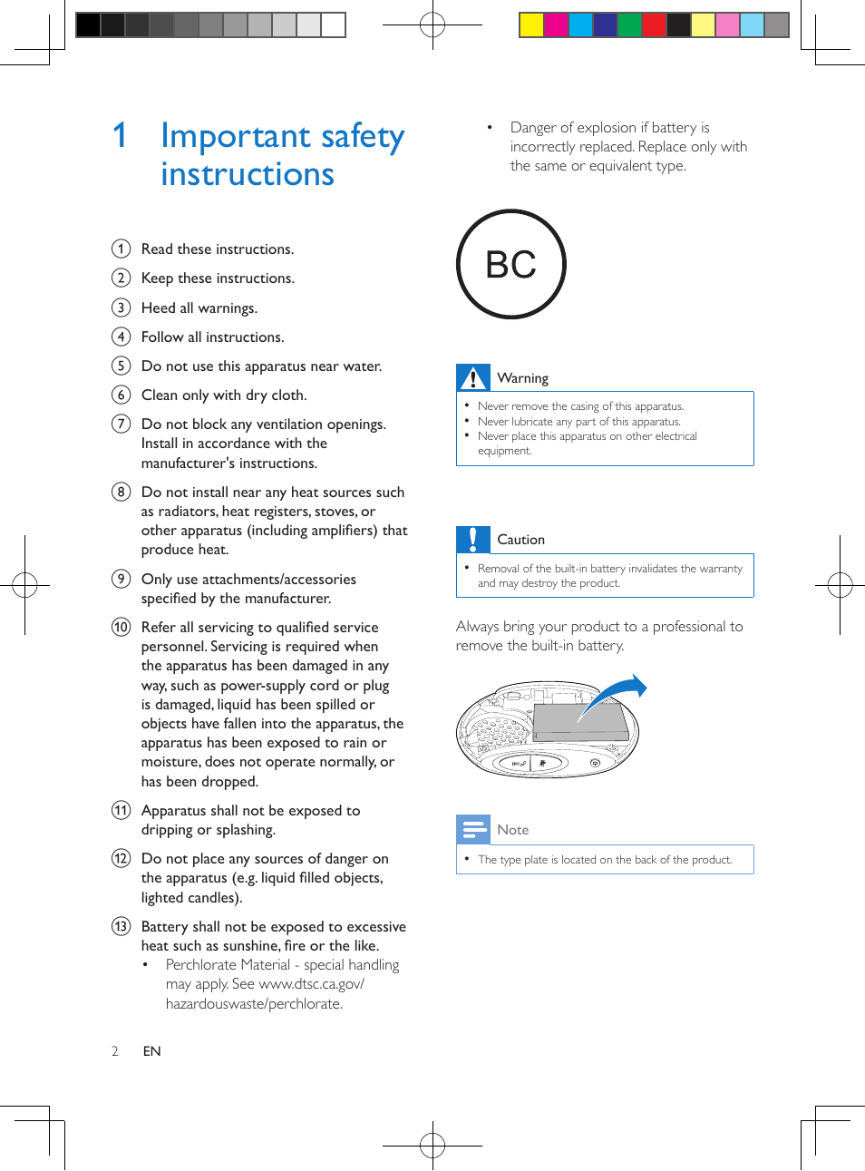 1 important safety instructions | Philips SBT10BLK-37 User Manual | Page 4 / 16
