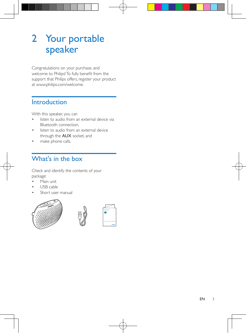 2 your portable speaker, Introduction, What's in the box | Philips SBT10BLK-37 User Manual | Page 5 / 16