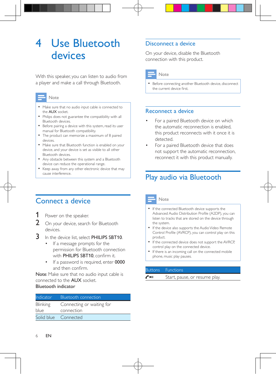 4 use bluetooth devices, Connect a device 1, Play audio via bluetooth | Disconnect a device, Reconnect a device | Philips SBT10BLK-37 User Manual | Page 8 / 16