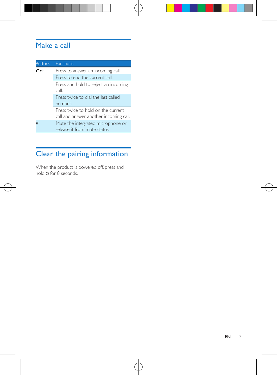 Make a call, Clear the pairing information | Philips SBT10BLK-37 User Manual | Page 9 / 16