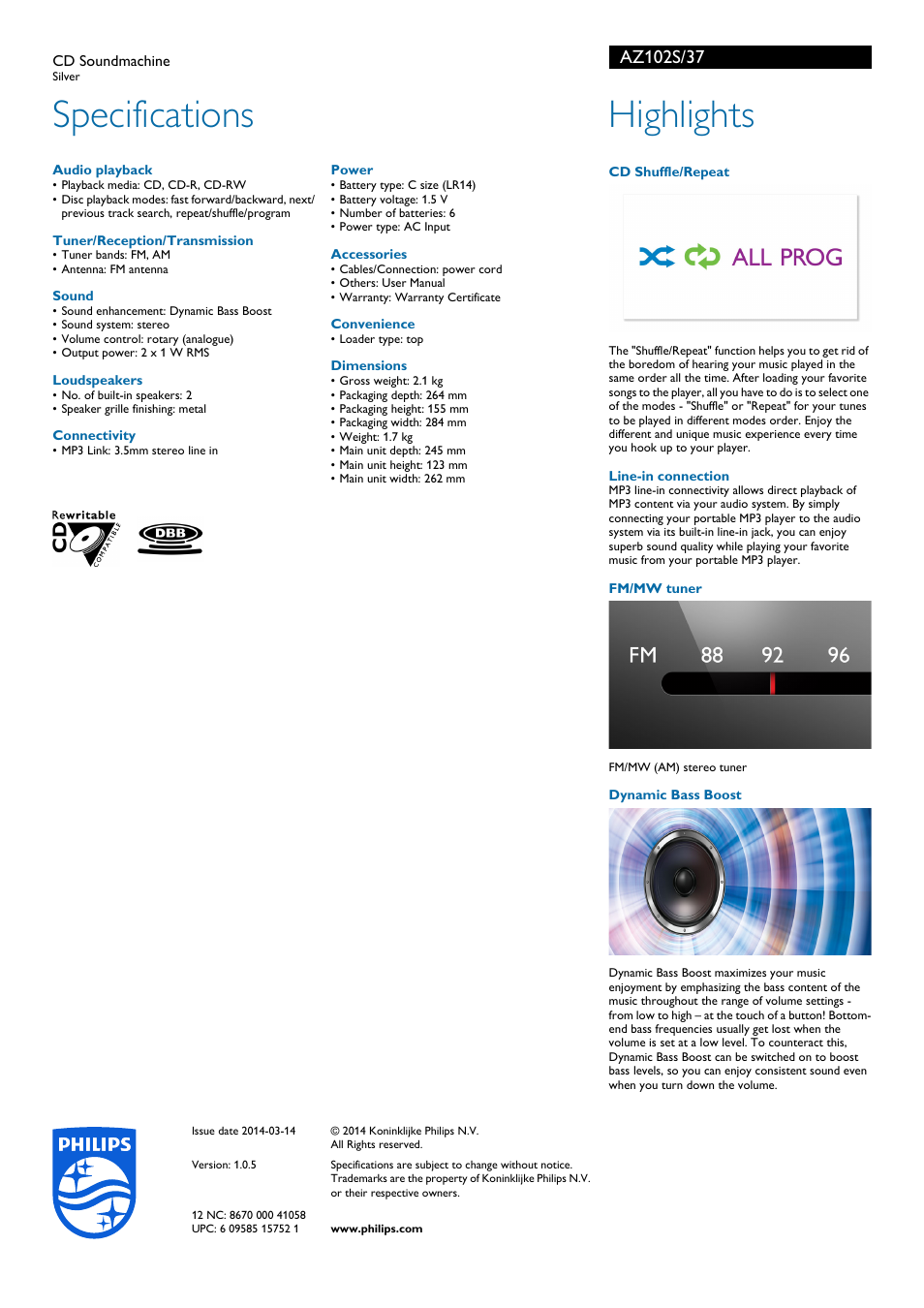 Specifications, Highlights | Philips AZ102S-37 User Manual | Page 2 / 2