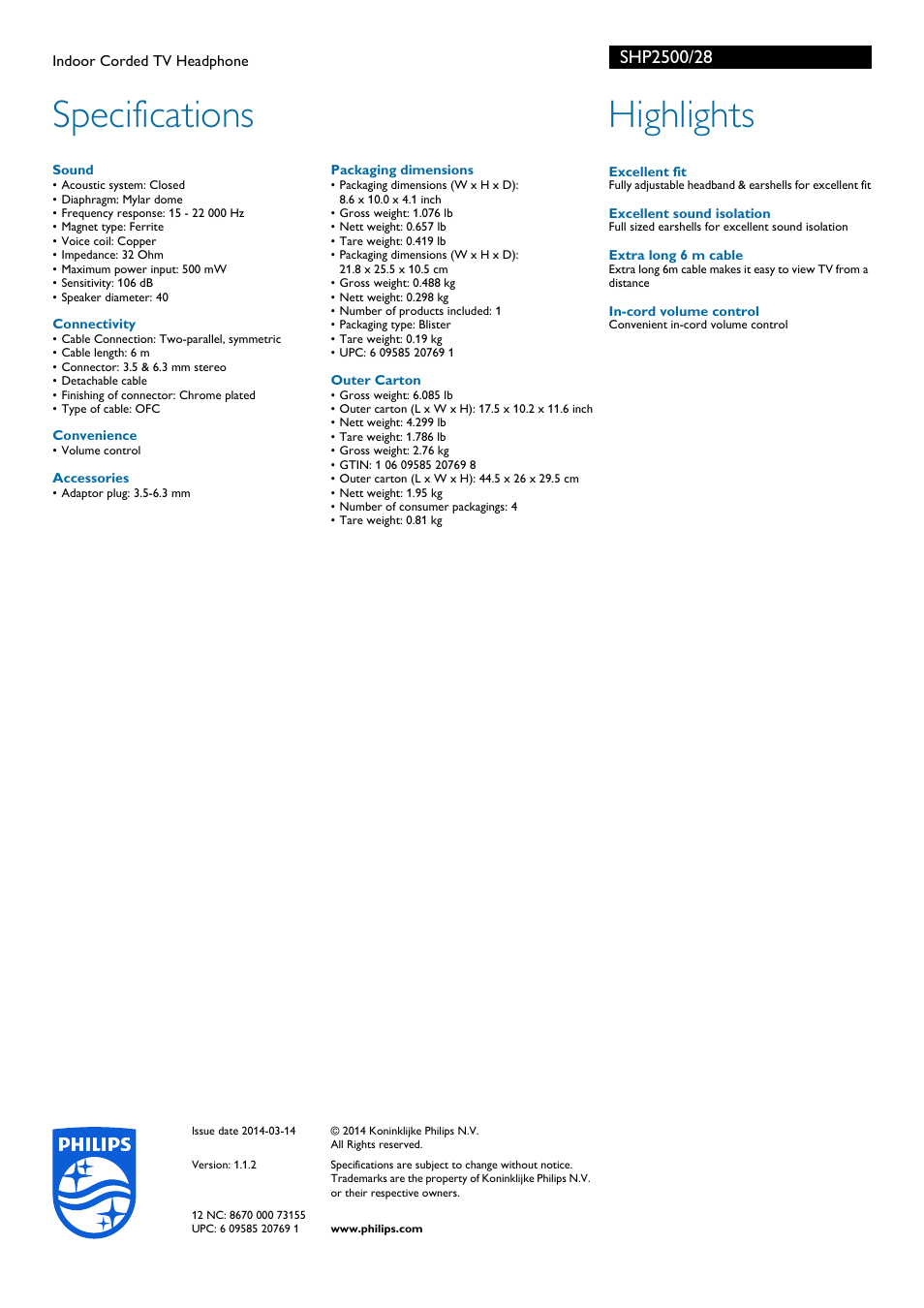 Specifications, Highlights | Philips SHP2500-28 User Manual | Page 2 / 2