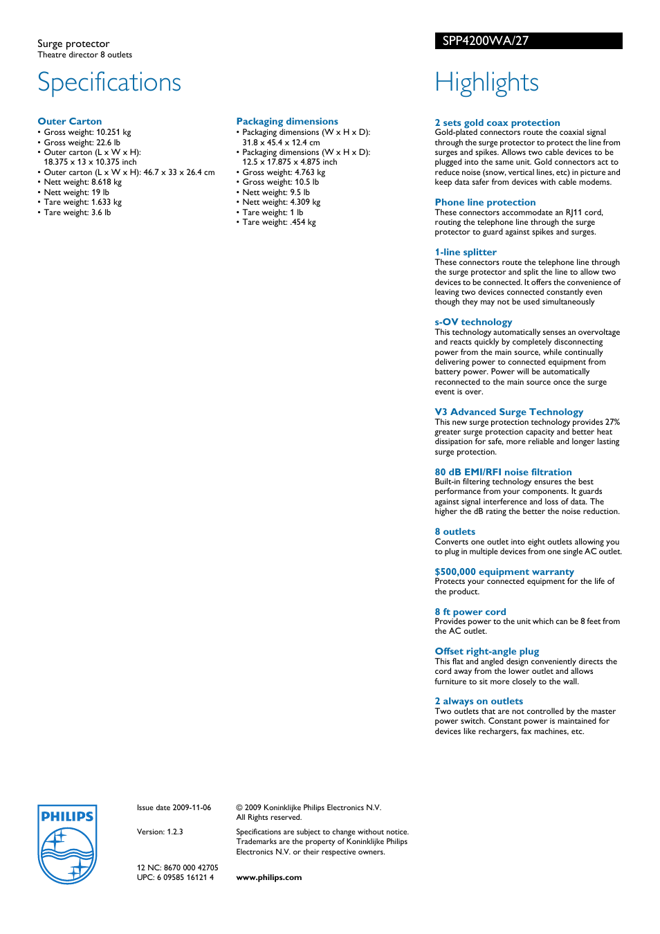 Specifications, Highlights | Philips SPP4200WA-27 User Manual | Page 2 / 2