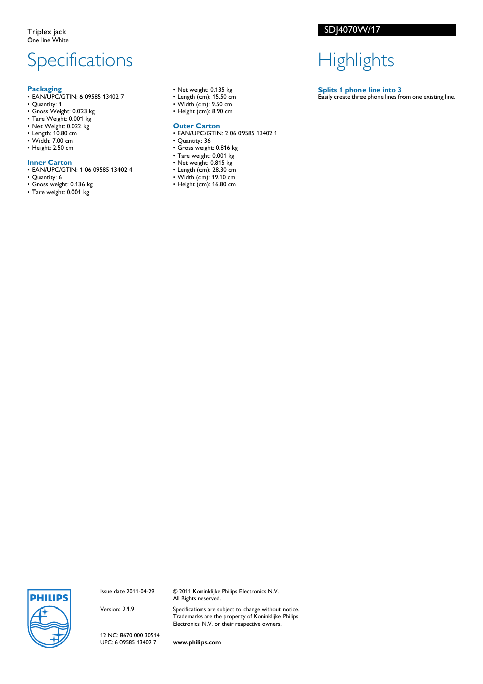 Specifications, Highlights | Philips SDJ4070W-17 User Manual | Page 2 / 2