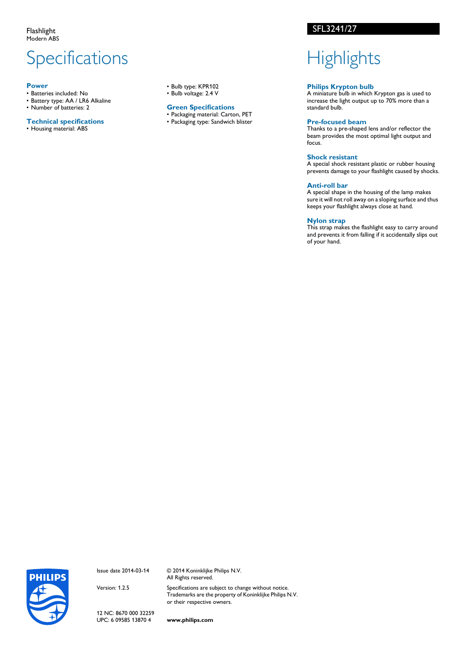 Specifications, Highlights | Philips SFL3241-27 User Manual | Page 2 / 2