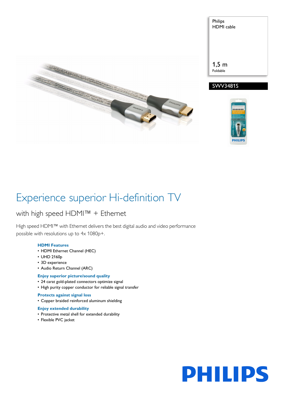 Philips HDMI cable SWV3481S 15 m Foldable User Manual | 2 pages