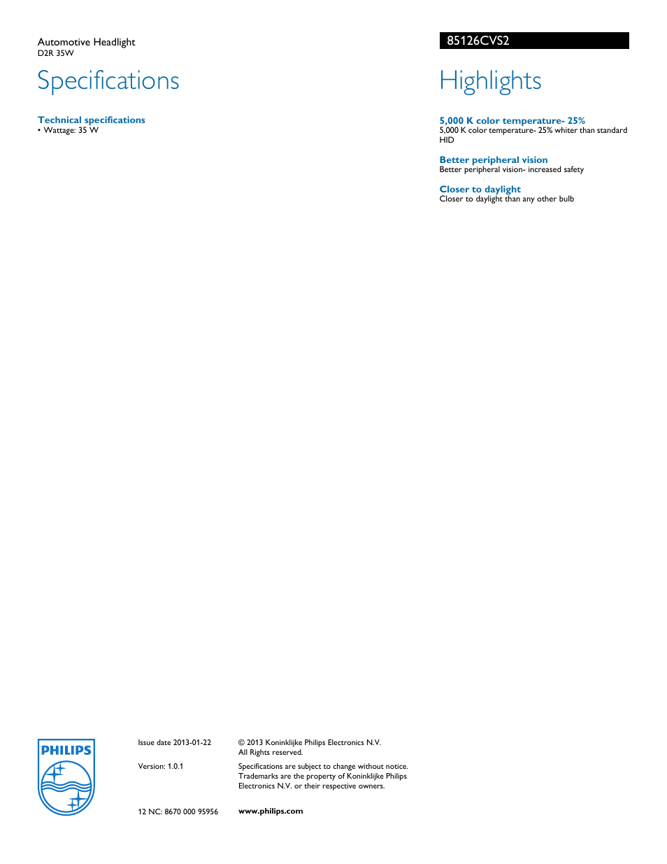 Specifications, Highlights | Philips 85126CVS2 User Manual | Page 2 / 2