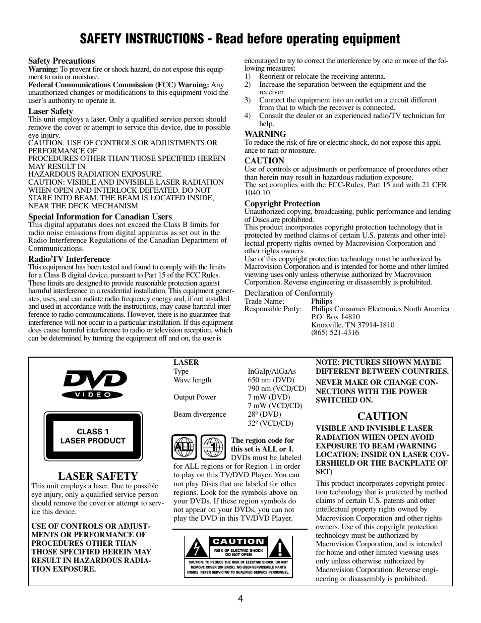 Laser safety, Caution | Philips 20DV693R User Manual | Page 4 / 52