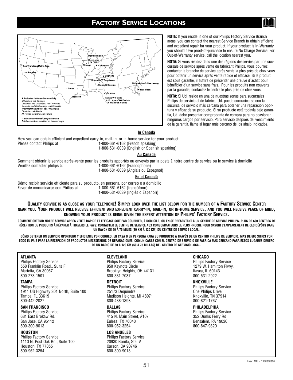 Actory, Ervice, Ocations | Philips 20DV693R User Manual | Page 51 / 52