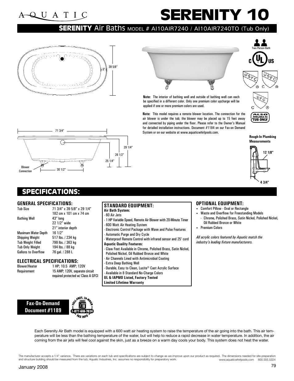 Aquatic AI10AIR7240TO User Manual | 1 page