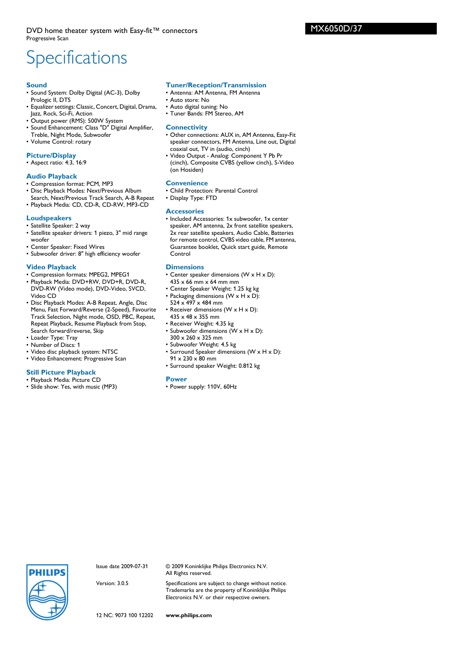 Specifications | Philips MX6050D-37 User Manual | Page 3 / 3
