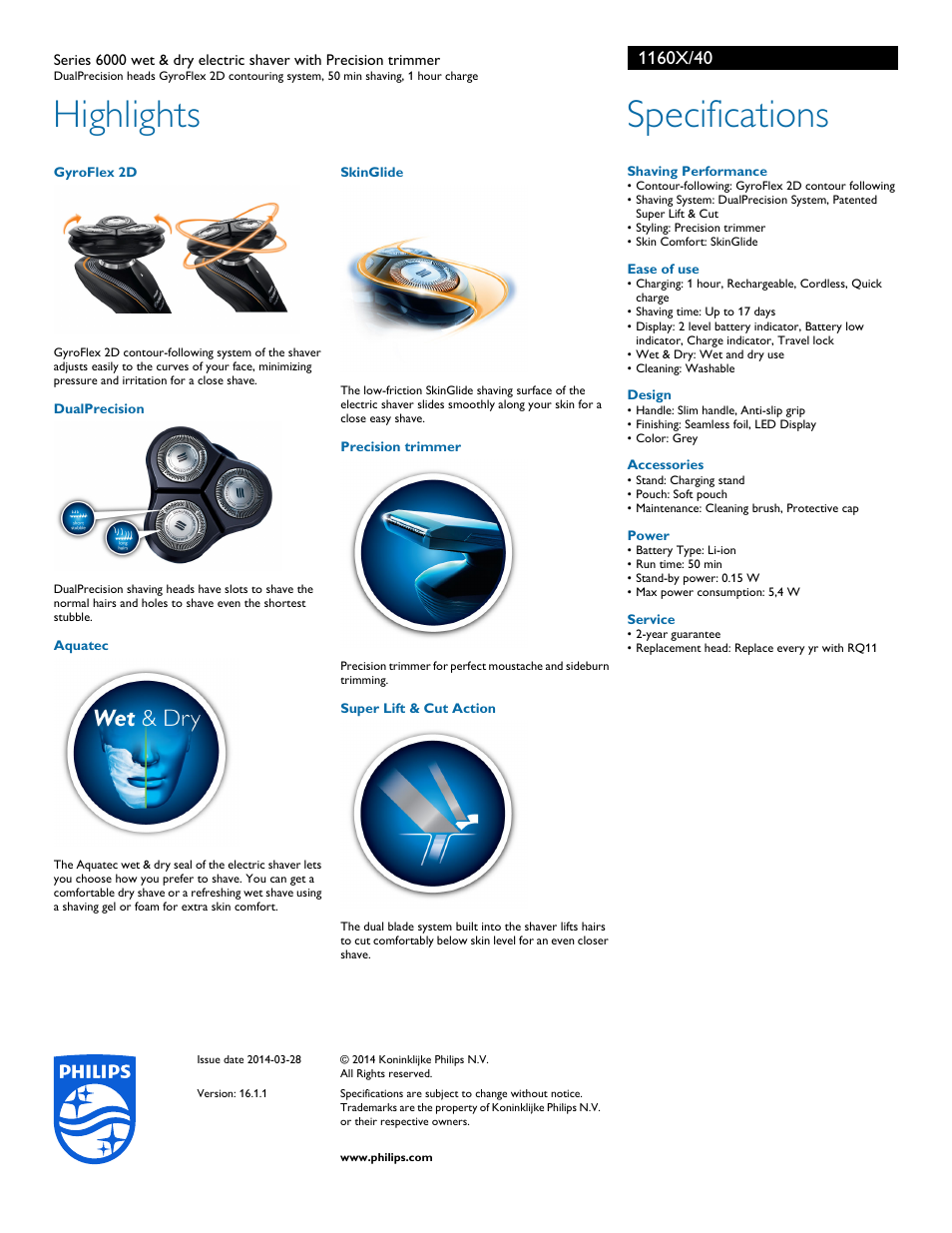 Highlights, Specifications | Philips 1160X-40 User Manual | Page 2 / 2