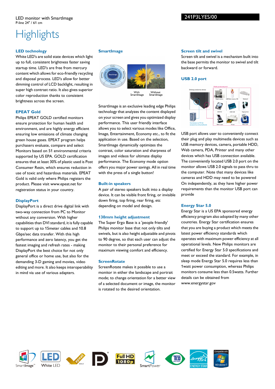 Highlights | Philips 241P3LYES-00 User Manual | Page 2 / 3