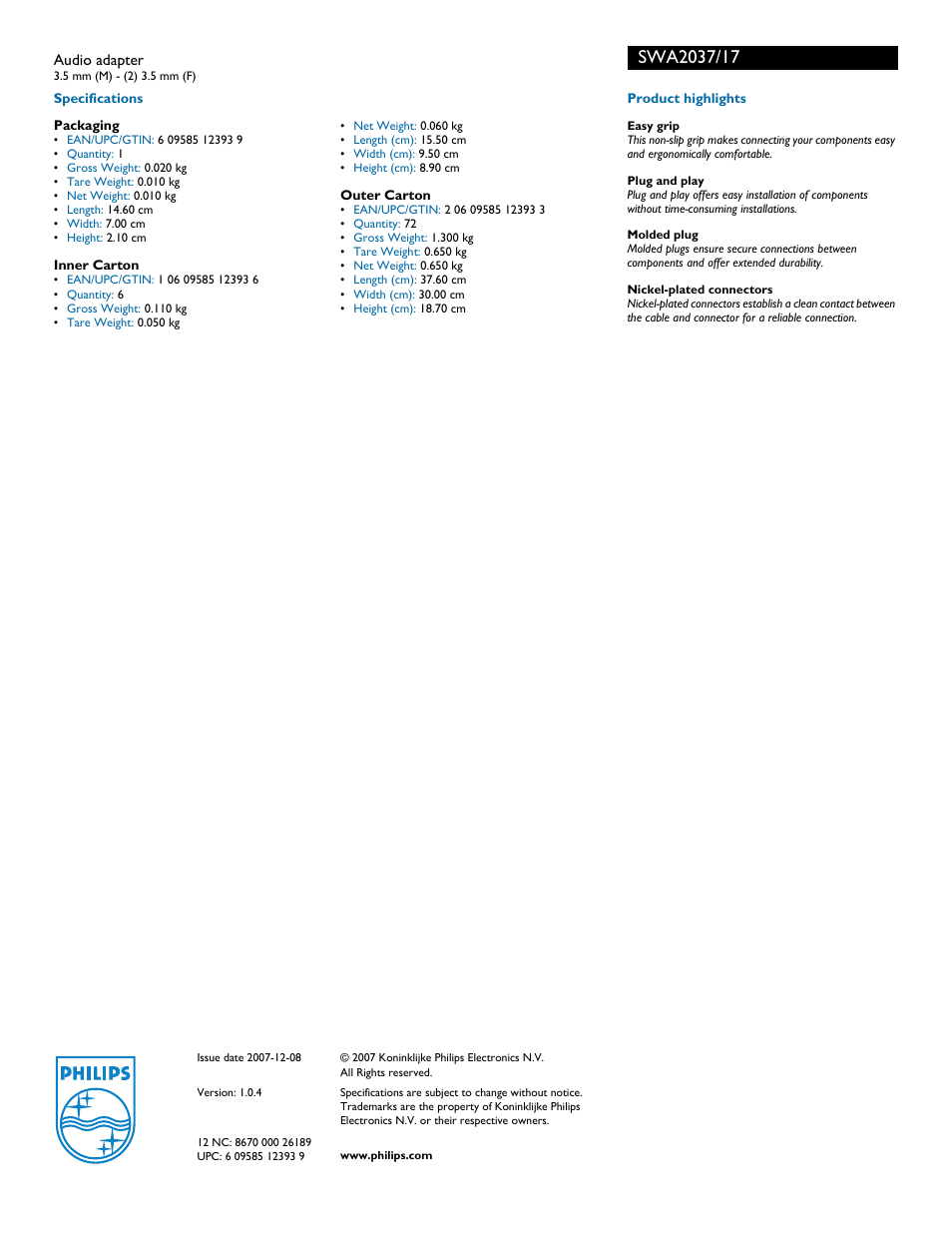 Philips SWA2037-17 User Manual | Page 2 / 2
