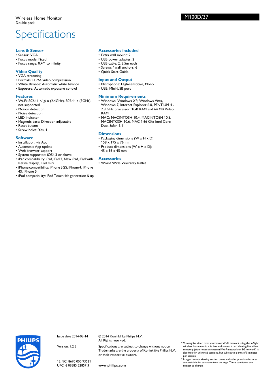 Specifications | Philips M100D-37 User Manual | Page 3 / 3