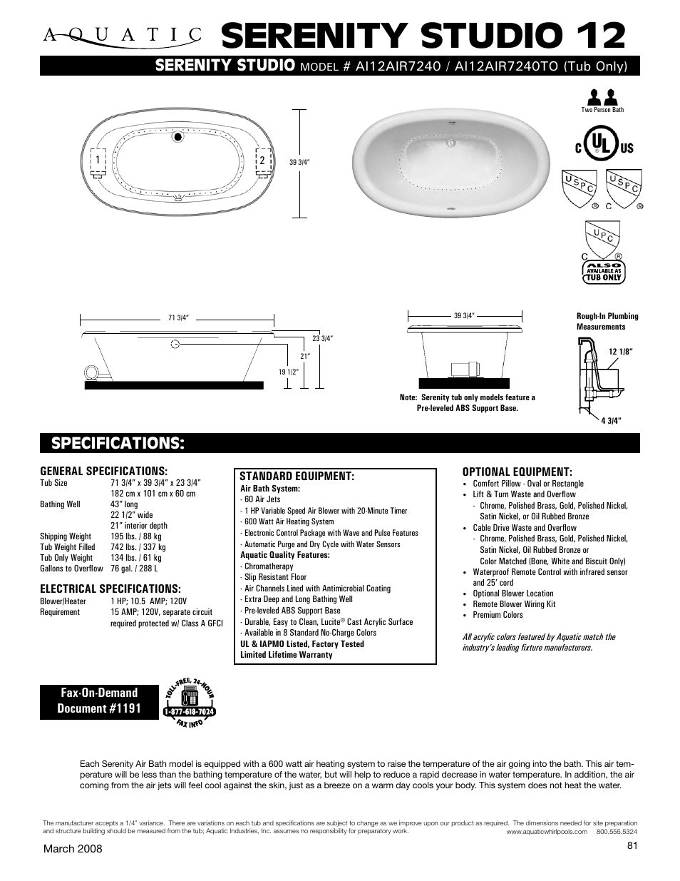 Aquatic AI12AIR7240 User Manual | 1 page