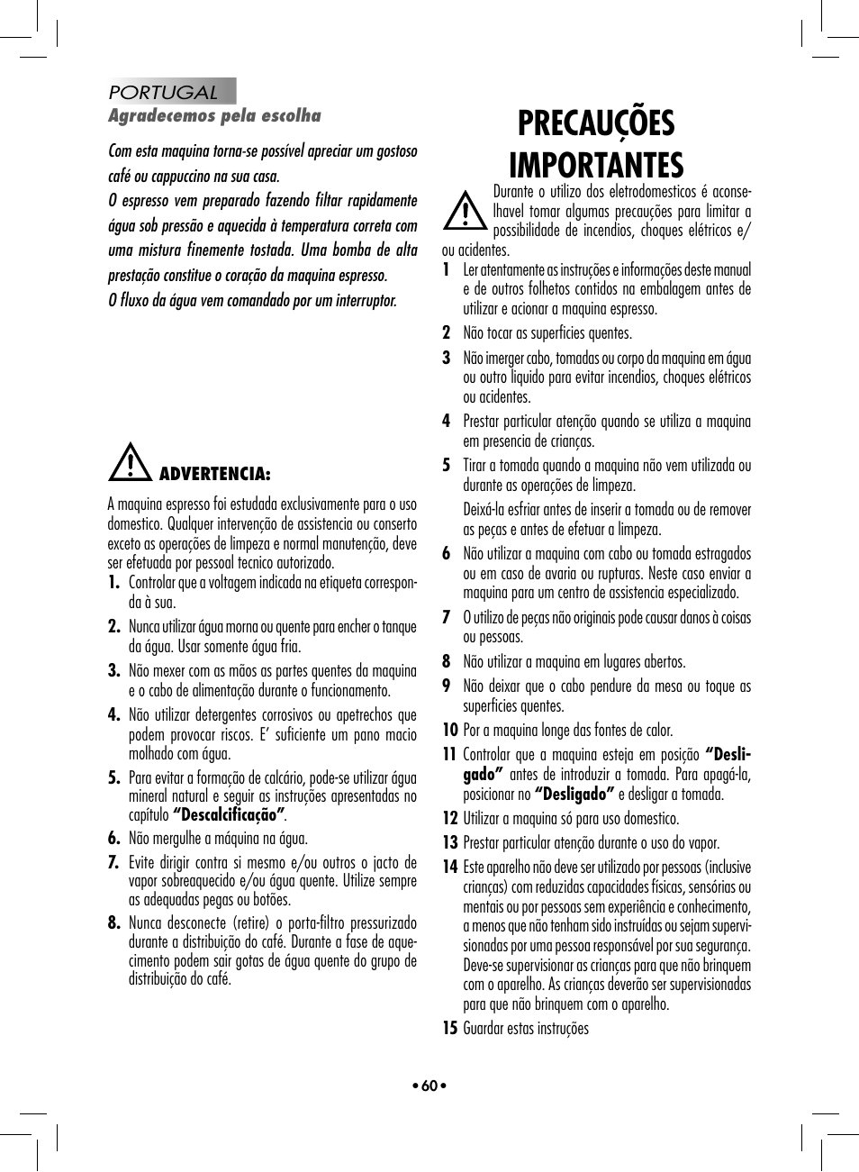 Precauções importantes | Philips 10002533 User Manual | Page 62 / 76