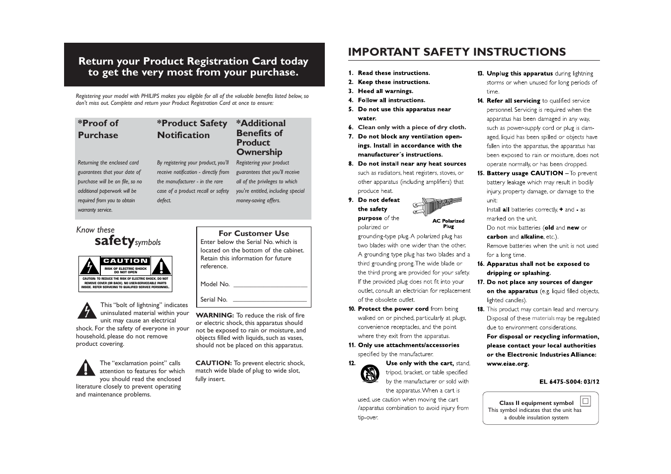 Safety, Important safety instructions, Proof of purchase | Product safety notification, Additional benefits of product ownership | Philips AZ1123B-37B User Manual | Page 2 / 7