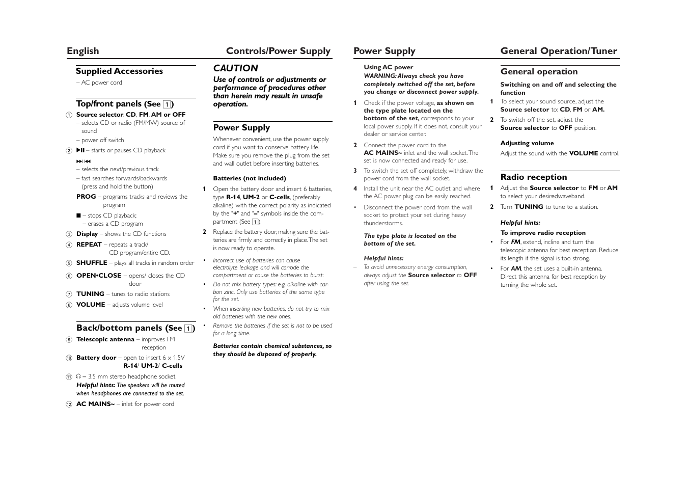 Caution | Philips AZ1123B-37B User Manual | Page 4 / 7