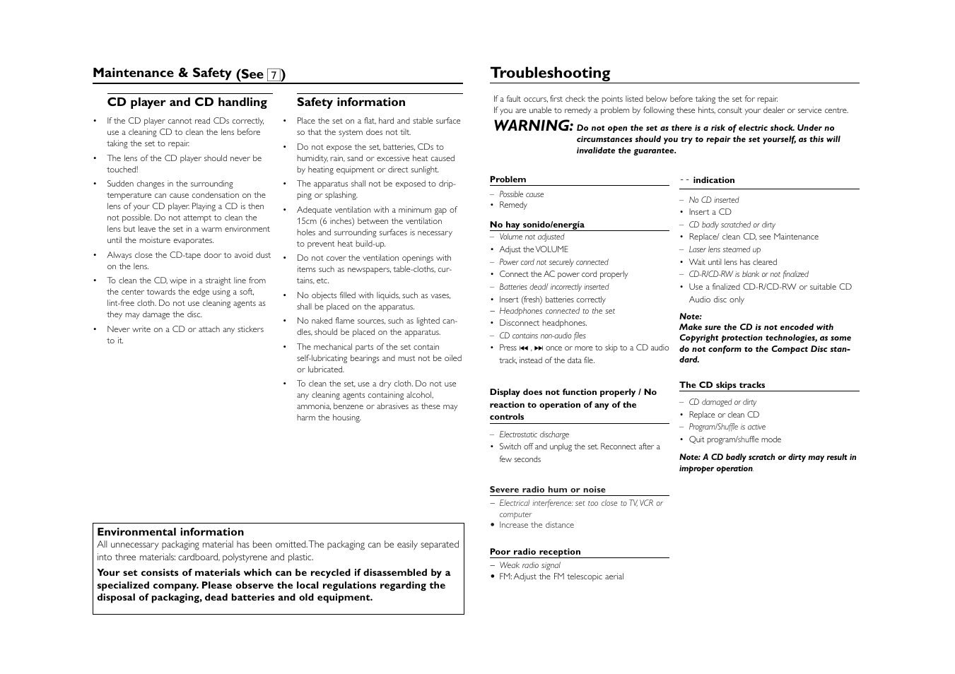 Troubleshooting, Warning, Maintenance & safety (see 7 ) | Philips AZ1123B-37B User Manual | Page 6 / 7