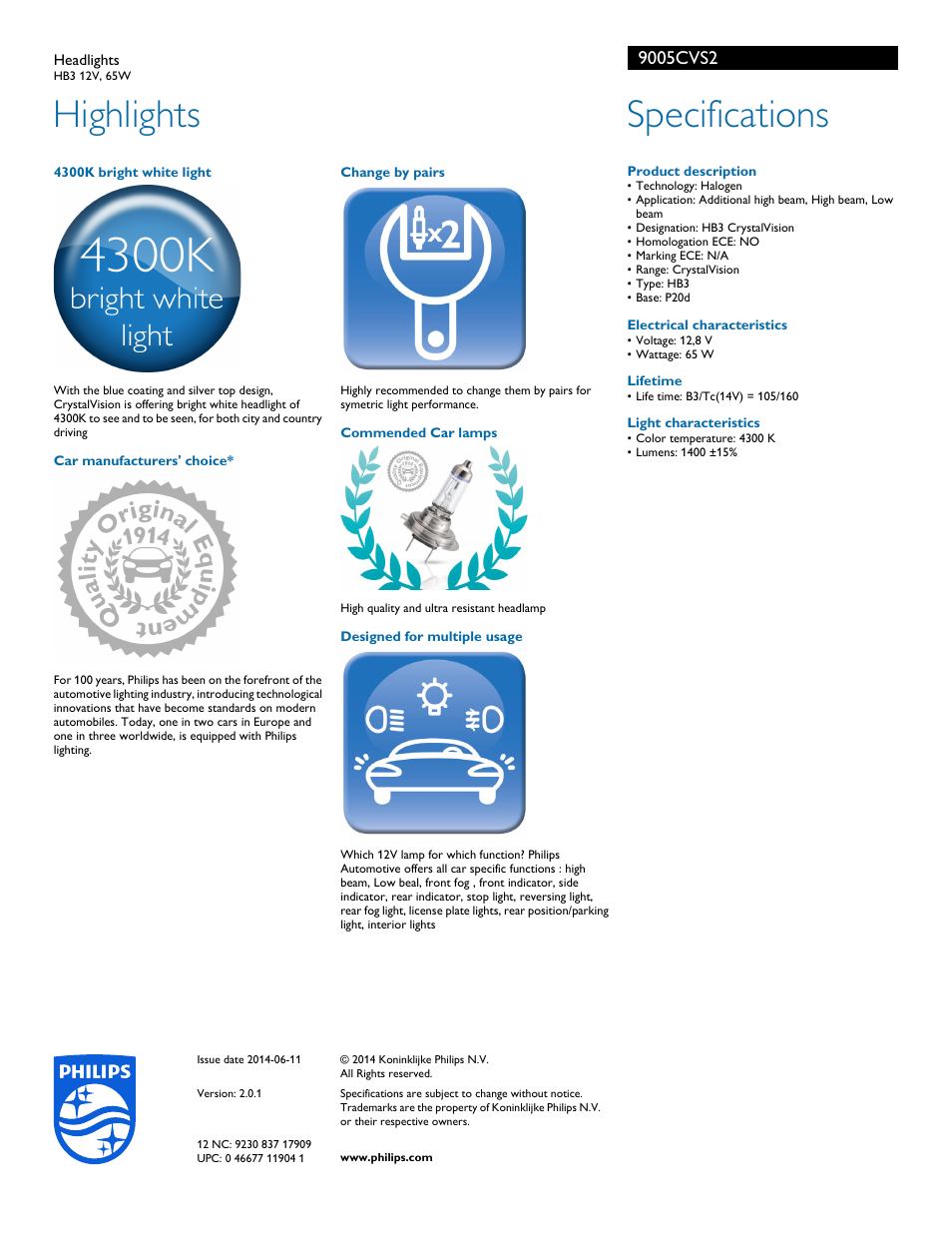 Highlights, Specifications | Philips 9005CVS2 User Manual | Page 2 / 2