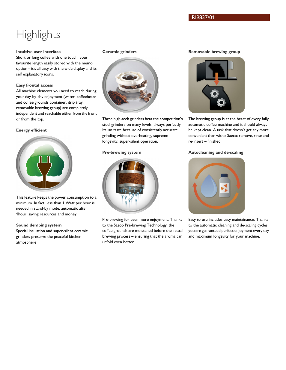 Highlights | Philips Saeco RI9837-01 User Manual | Page 2 / 3