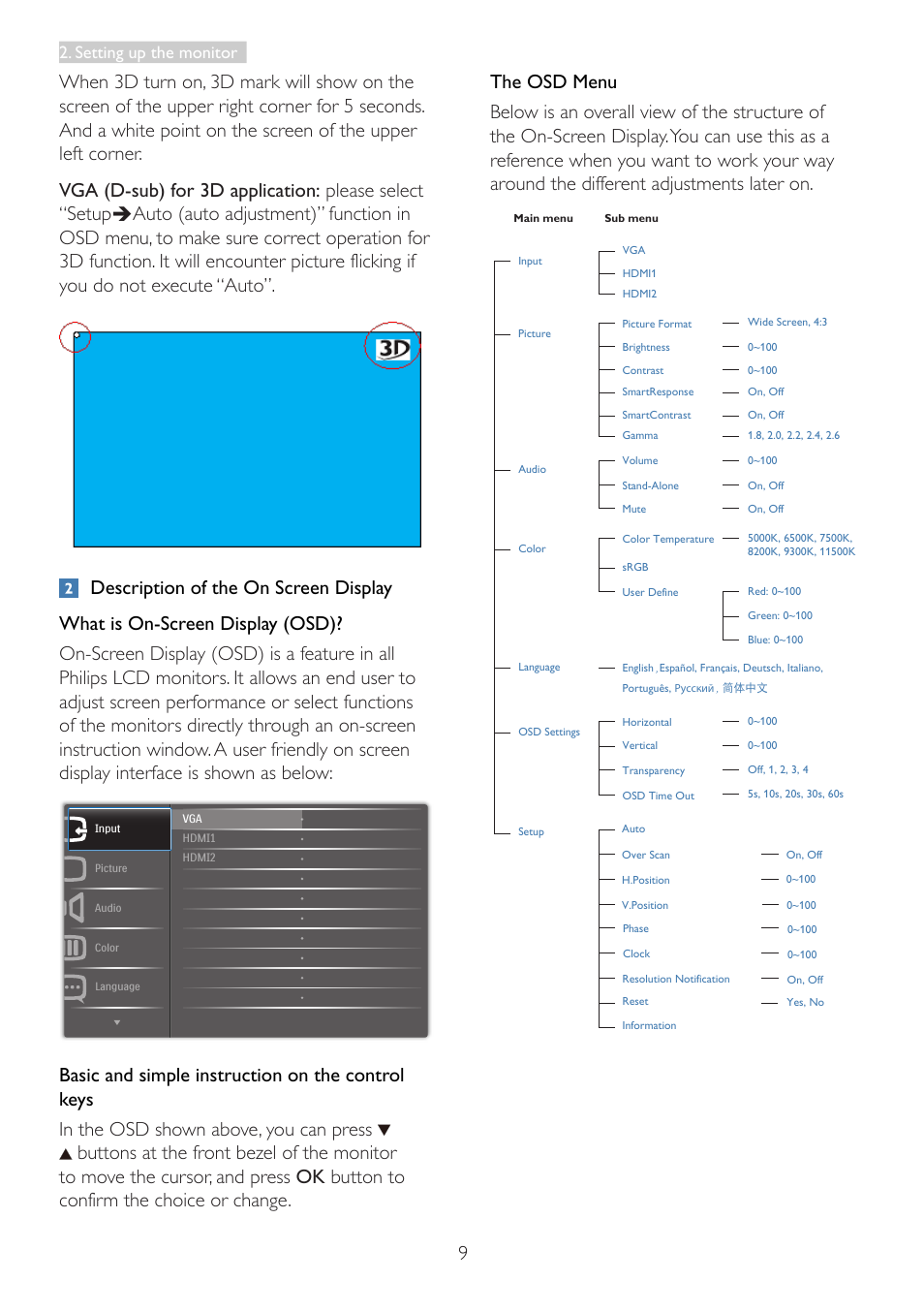 Setting up the monitor | Philips 273G3DHSW-27 User Manual | Page 11 / 45