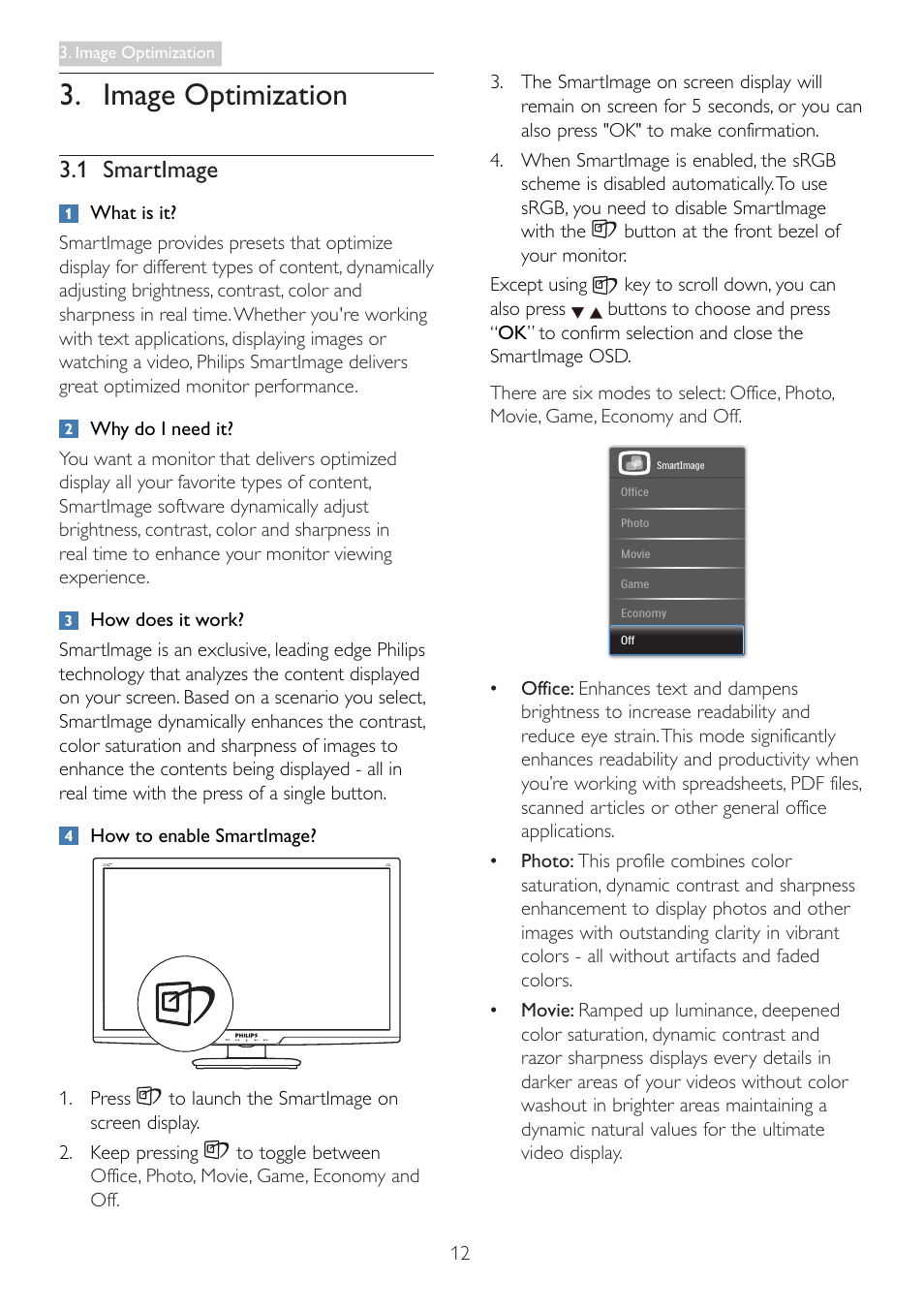 Image optimization, 1 smartimage | Philips 273G3DHSW-27 User Manual | Page 14 / 45