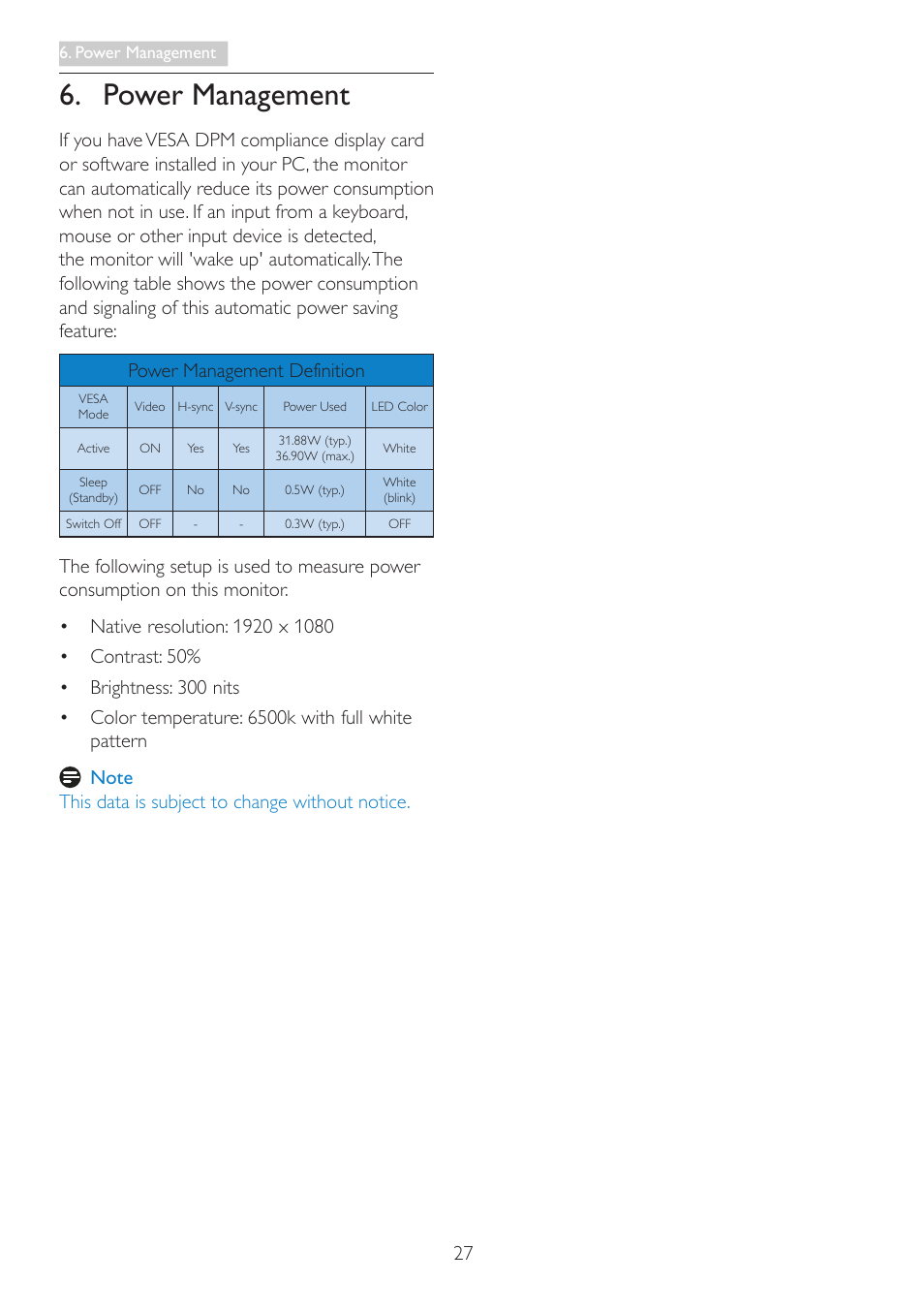 Power management | Philips 273G3DHSW-27 User Manual | Page 29 / 45